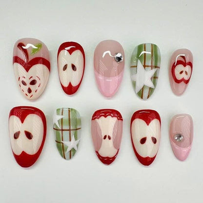 Apple Fruit Press On Nails - Red Apple Plaid Press On Nails