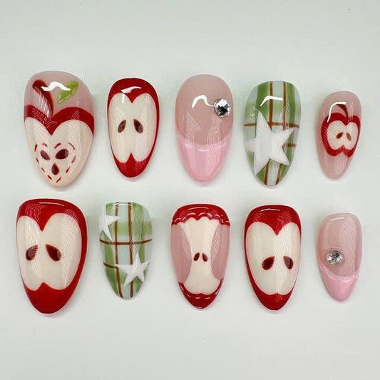 Apple Fruit Press On Nails - Red Apple Plaid Press On Nails
