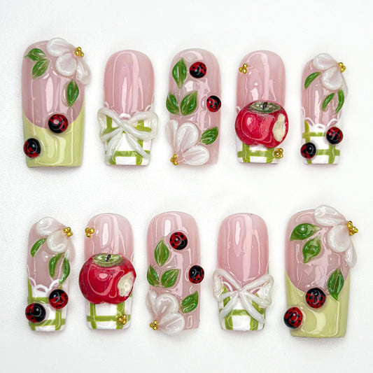 Apple Ladybug Garden Press-On Nails Set