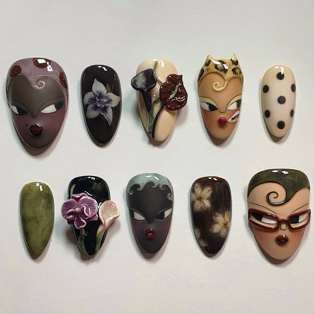 Art Face Press On Nails Sculptural Portrait Floral Statement Set