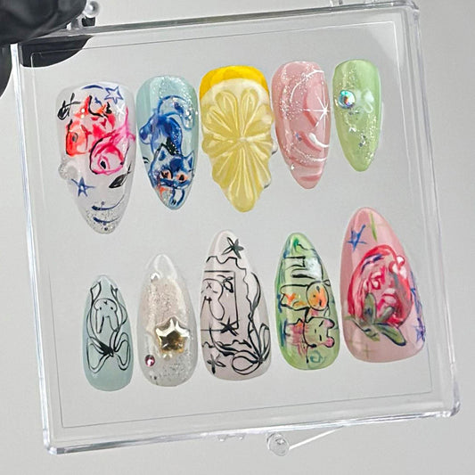 Artistic Expression Press On Nails Whimsical Bunny Lemon and Abstract Sketch Set         