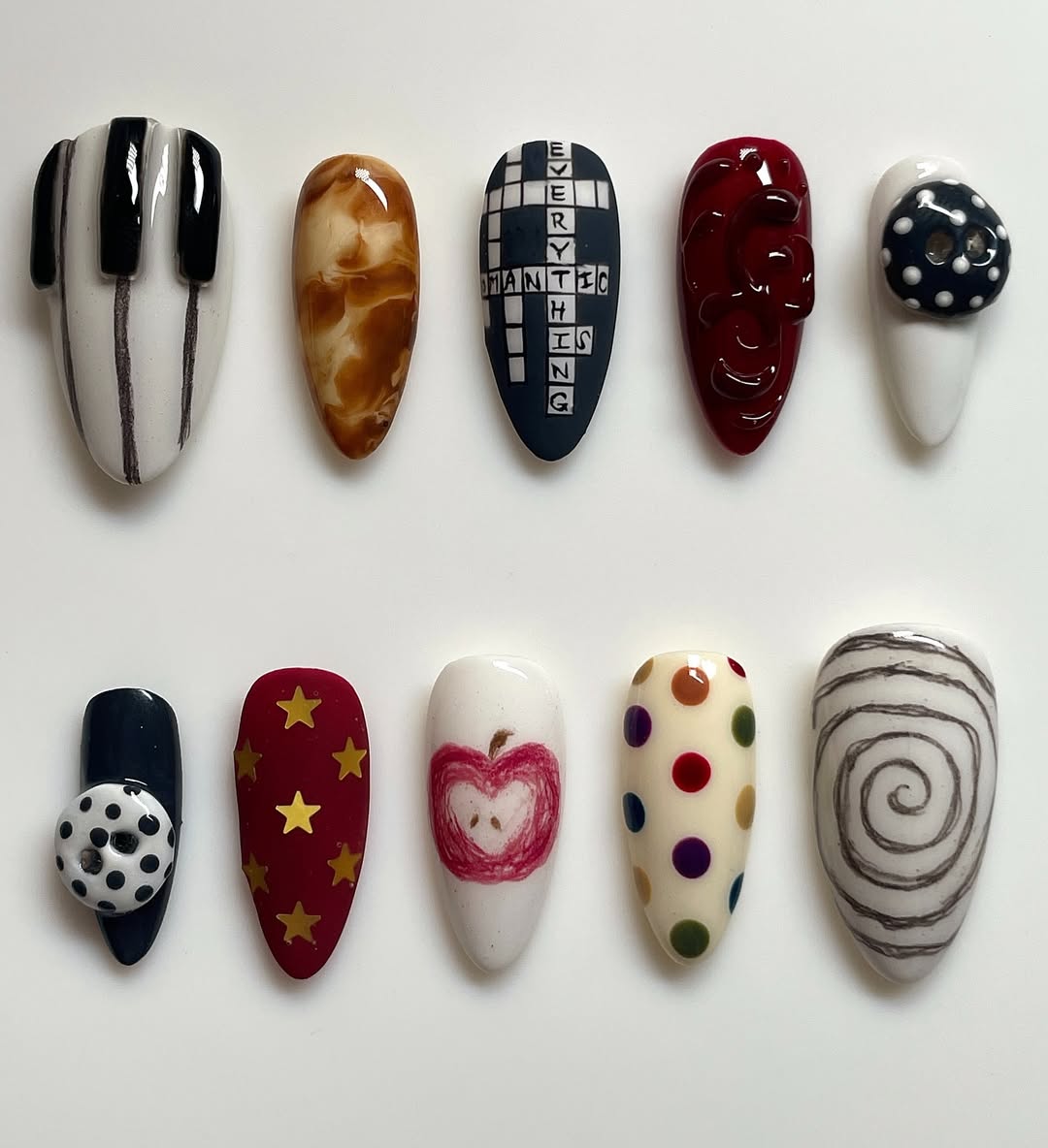 Artistic Pattern Press On Nails with Piano, Stars, Apple, and Polka Dot Details