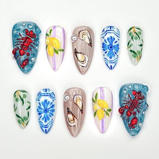 Artistic Seafood Theme Press On Nails -Coastal Lobster Lemon Art Nails