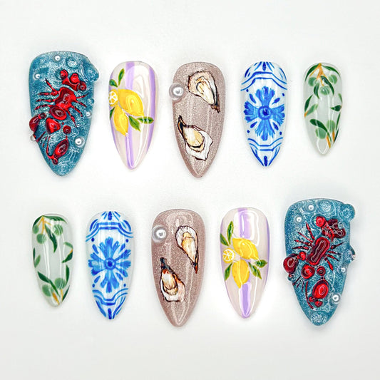 Artistic Seafood Theme Press On Nails - Seafood Garden Handpainted Press-On Nails