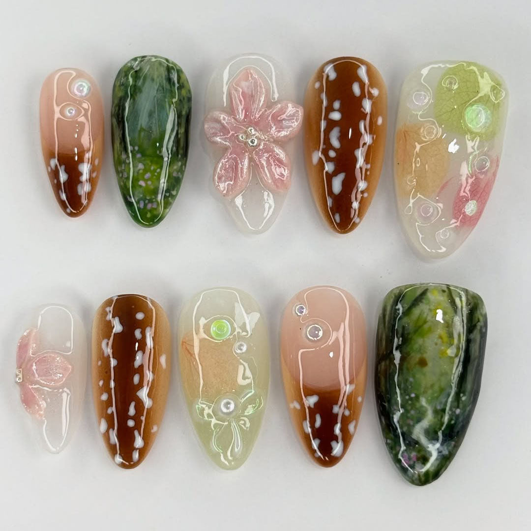 Autumn Garden Nails with Handmade Floral and Leaf Art Design