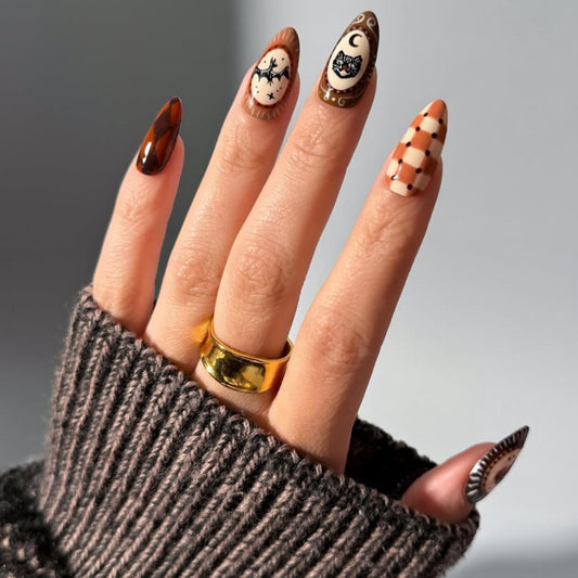Autumn Halloween Press On Nails - Autumn Gothic Cat Bat Press On