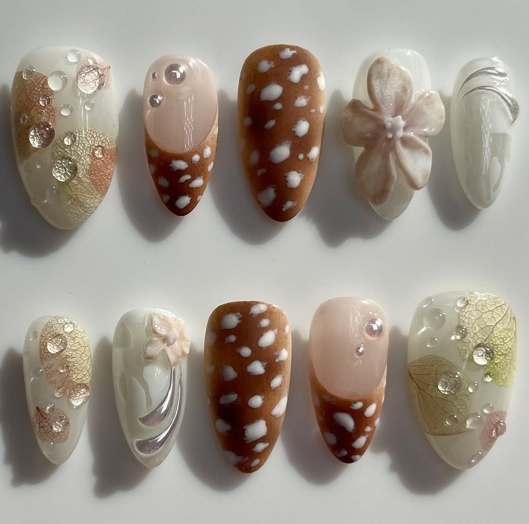 Autumn Leaf and Floral Press On Nails with Brown and Ivory Textured Design