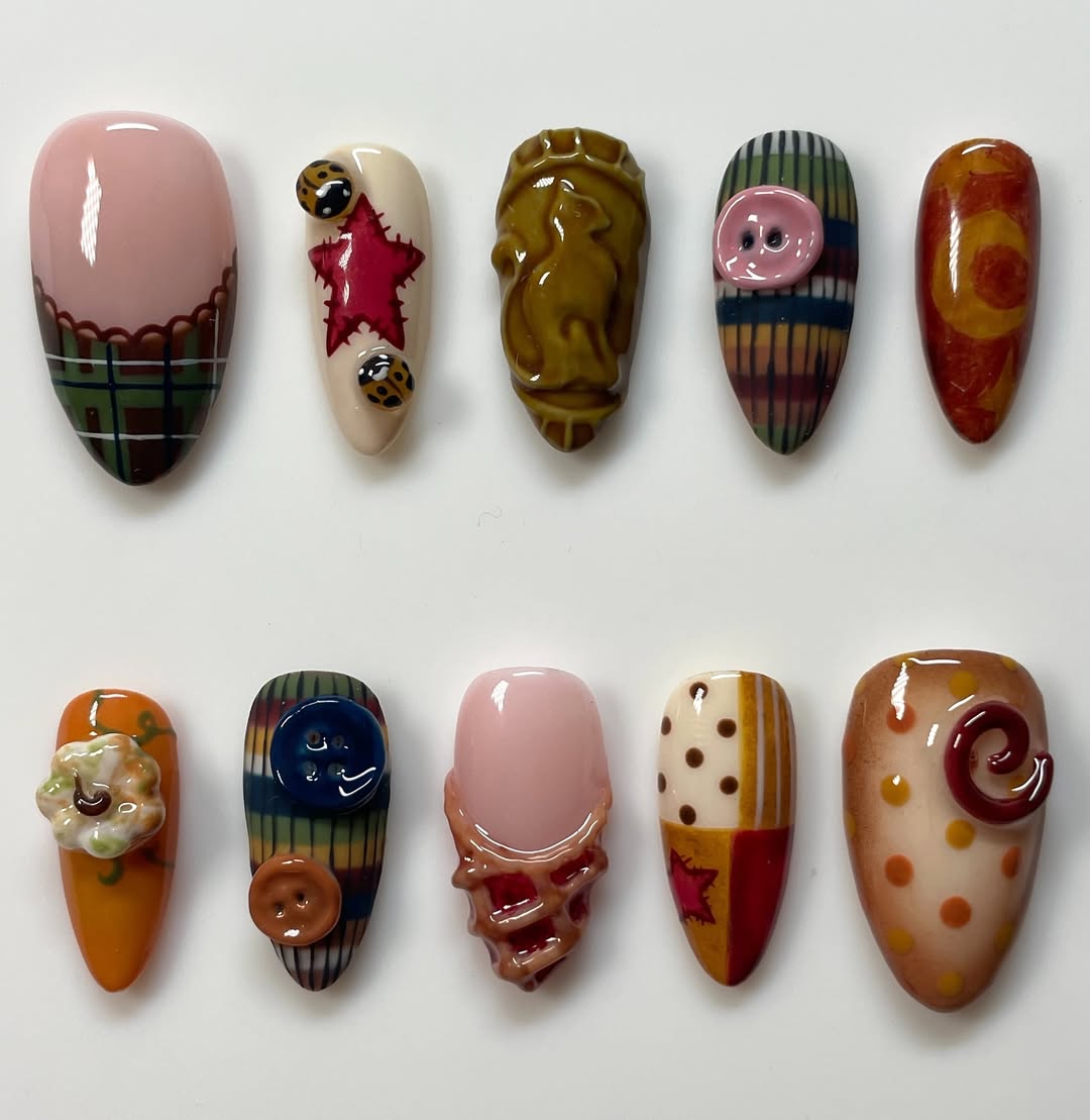 Autumn Patchwork Press On Nails with Button and Plaid Art Design