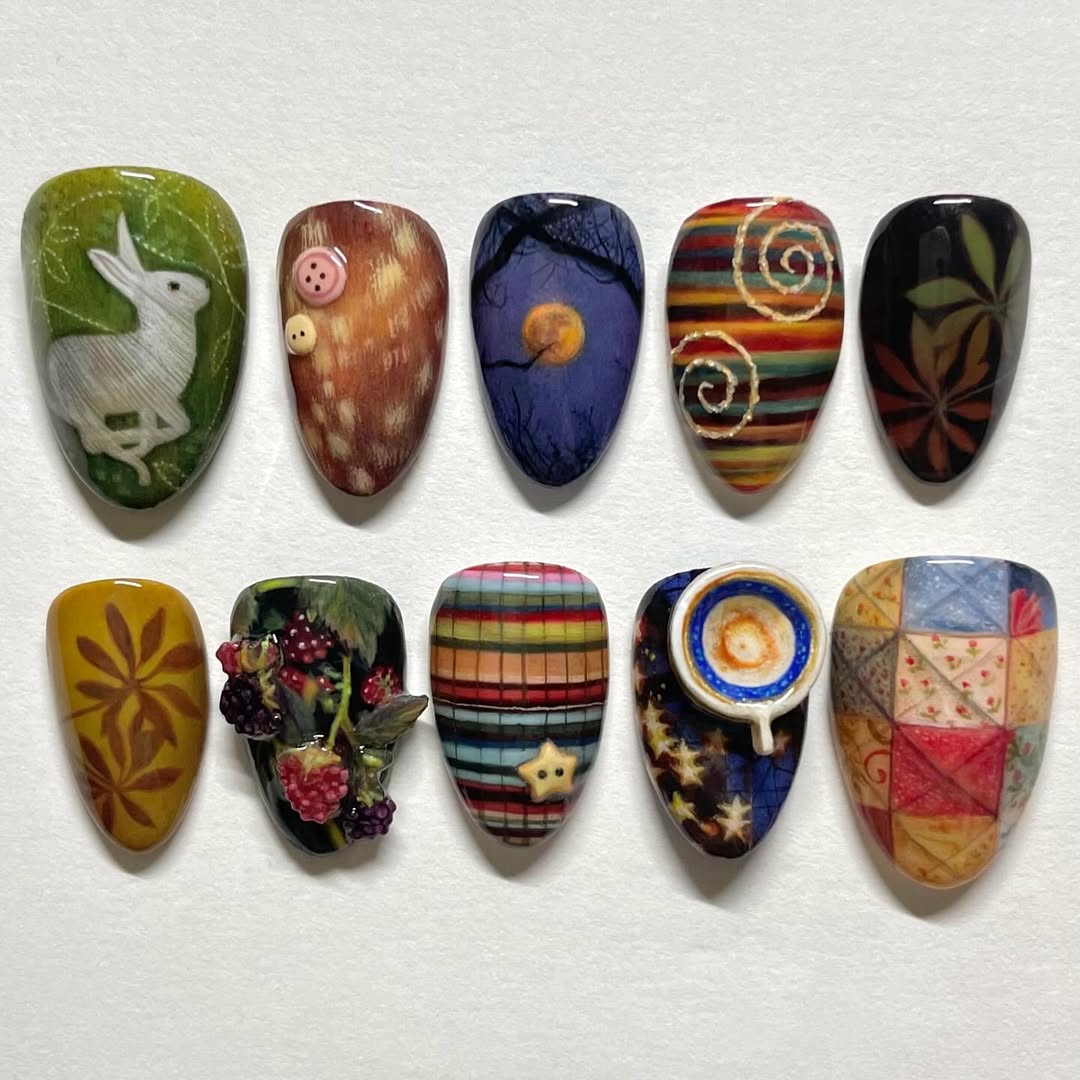 Autumn Rabbit and Berry Patchwork Nails with Moonlight and Cozy Quilt Art Design