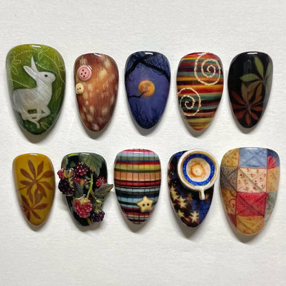 Autumn Rabbit and Berry Patchwork Nails with Moonlight and Cozy Quilt Art Design