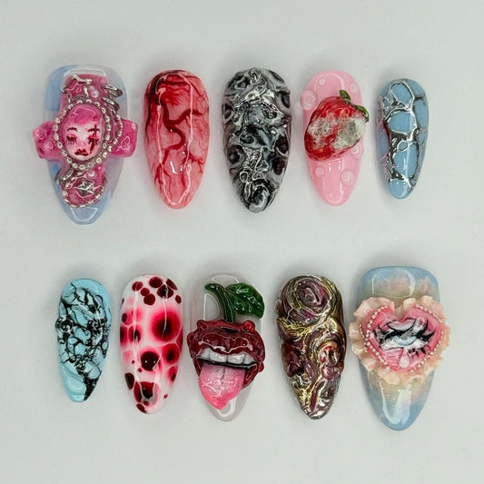 Avant-Garde Press-On Nails with 3D Lips, Cameo, and Gothic Details