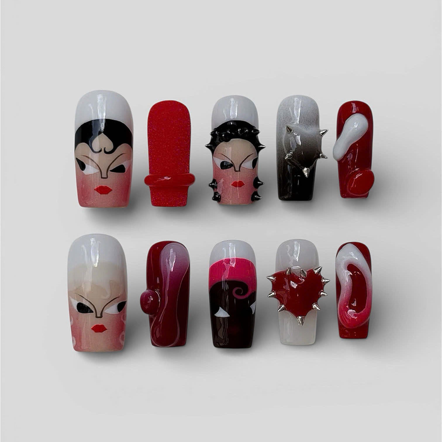 Avant Garde Red Black Press On Nails Sculptural Art Set