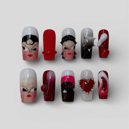 Avant Garde Red Black Press On Nails Sculptural Art Set
