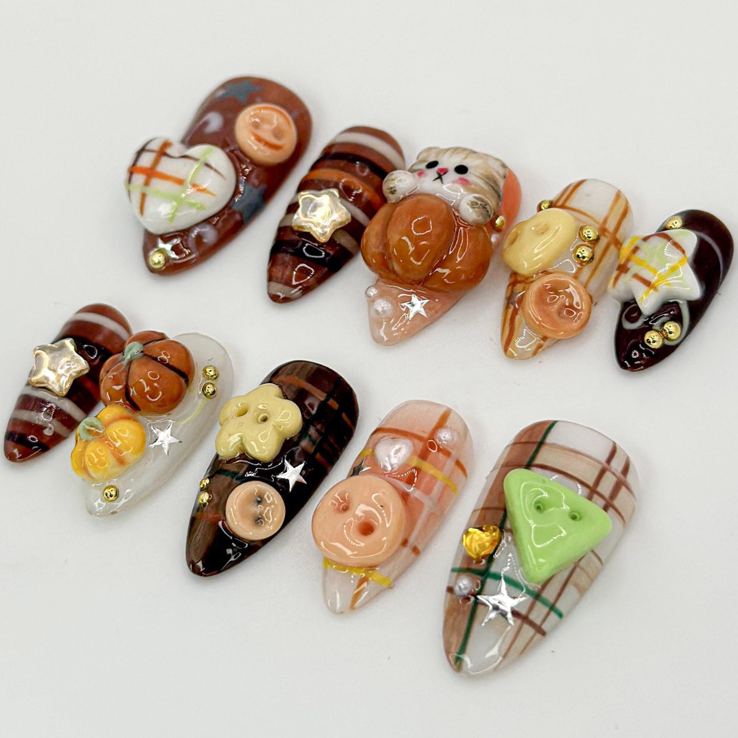 Kawaii Halloween Cat Press On Nails - Cute Gingerbread 3D Press On Nails
