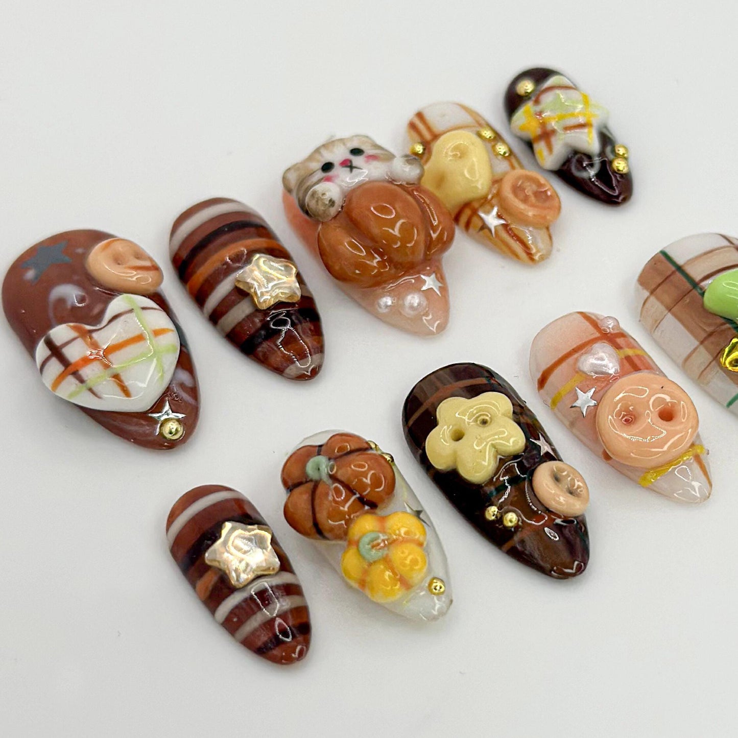 Kawaii Halloween Cat Press On Nails - Cute Gingerbread 3D Press On Nails