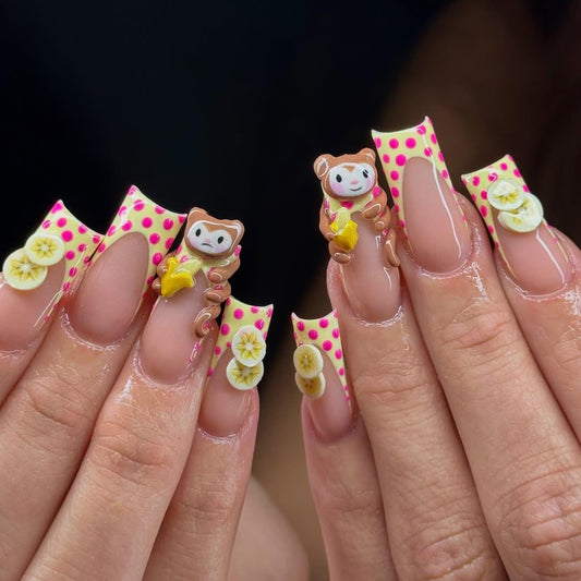 Banana Monkey 3D Press On Nails with Cartoon Accents and Polka Dots