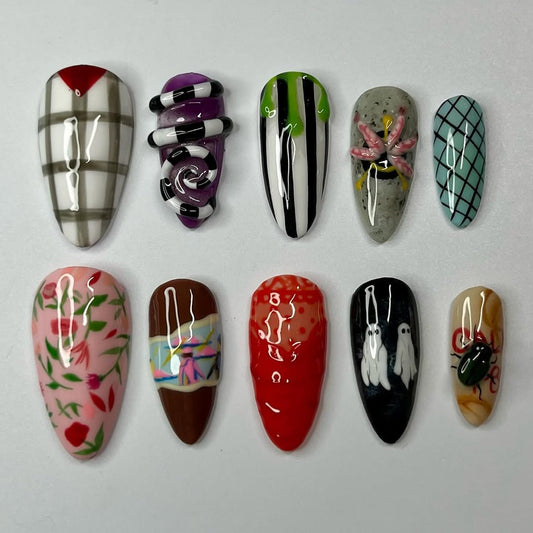 Beetlejuice Inspired Press-On Nails with Ghosts, Stripes, and Retro Designs
