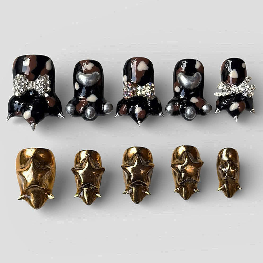 Black Gold Star Press On Nails Luxury Metallic 3D Statement Nail Set