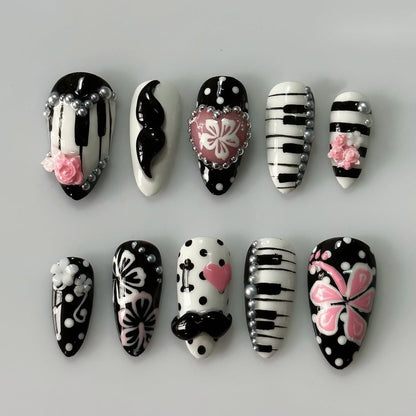 Black Pink Music Butterfly Stiletto Handmade Press On Nails