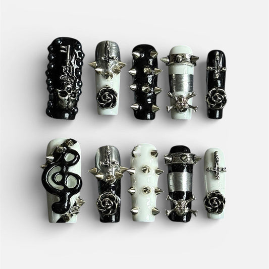 Black Silver Gothic Press On Nails 3D Studded Cross Art