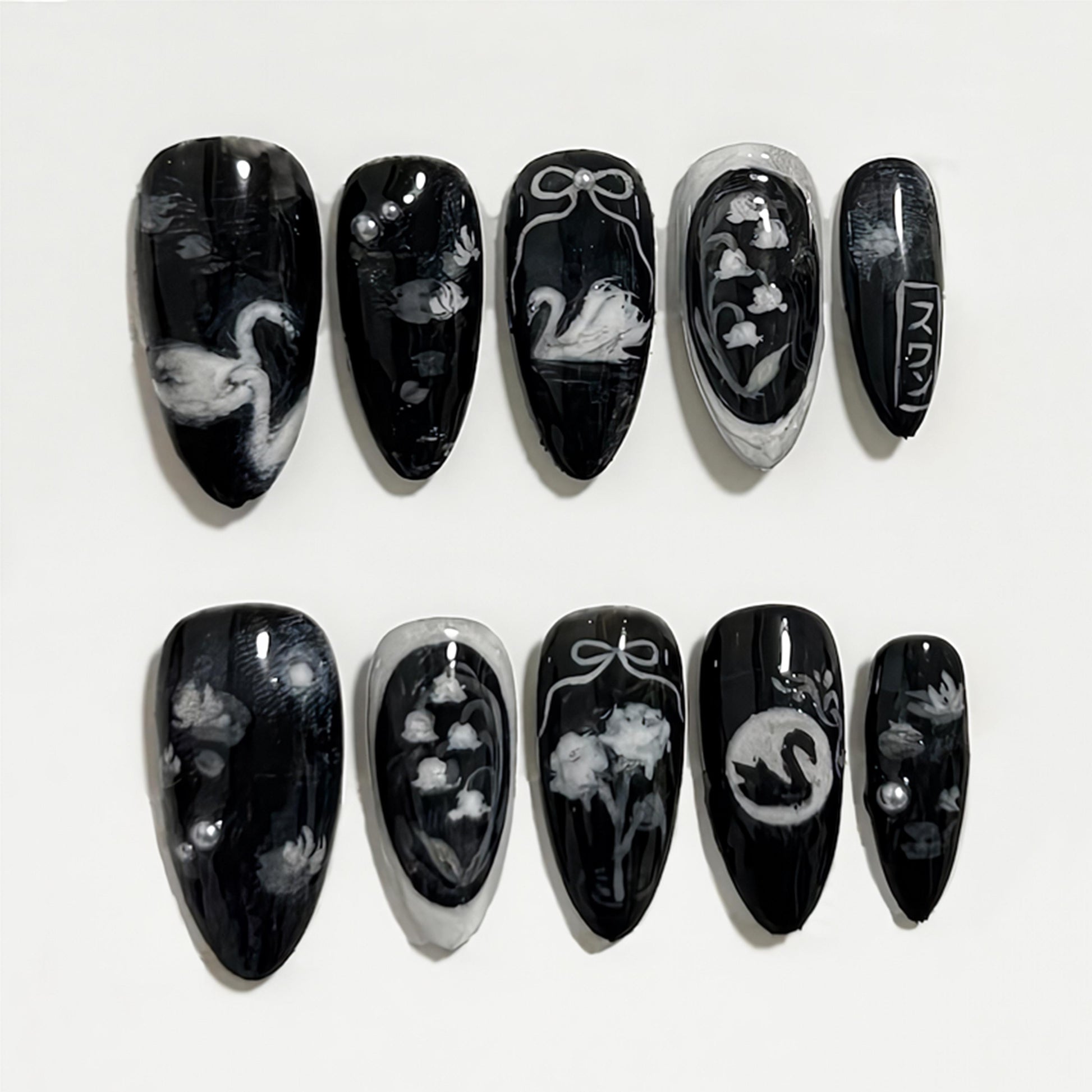 Black Swan Press On Nails Elegant Gothic Art