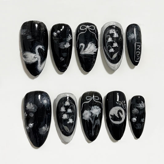 Black Swan Press On Nails Elegant Gothic Art