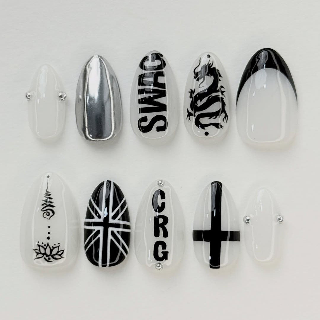 Black White Dragon Script Stiletto Press On Nails Set