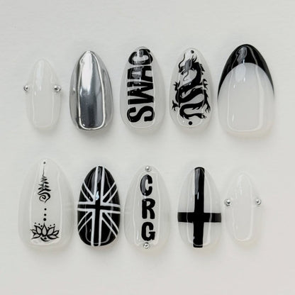Black White Dragon Script Stiletto Press On Nails Set