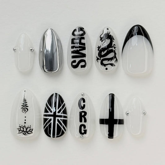 Black White Dragon Script Stiletto Press On Nails Set