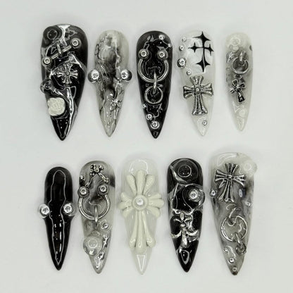Black White Gothic Cross Piercing Punk Handmade Nails
