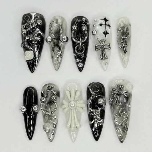 Black White Gothic Cross Piercing Punk Handmade Nails