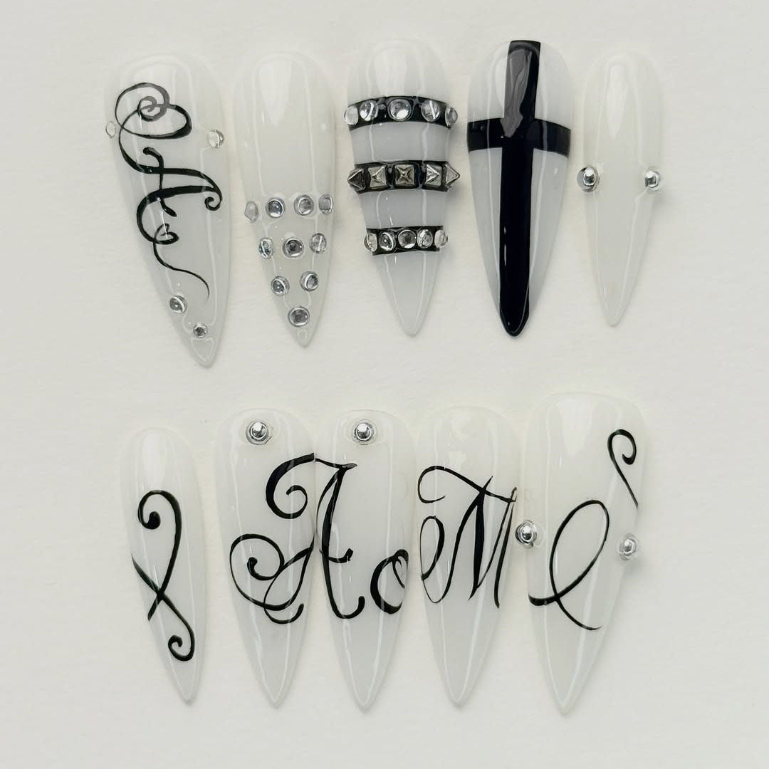 Black White Gothic Script Stiletto Press On Nails Set