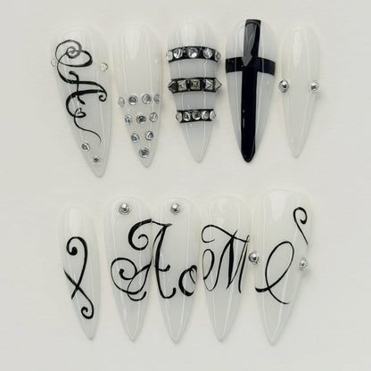 Black White Gothic Script Stiletto Press On Nails Set