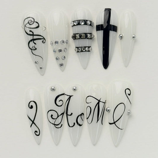 Black White Gothic Script Stiletto Press On Nails Set