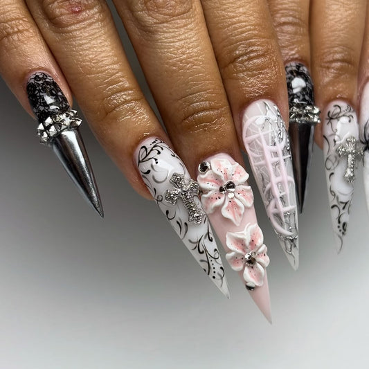 Black and White Gothic Press-On Nails with Crosses and 3D Flowers