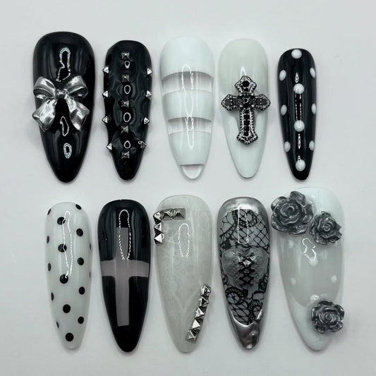 Black and White Press-On Nails with Gothic Roses and Cross Accents