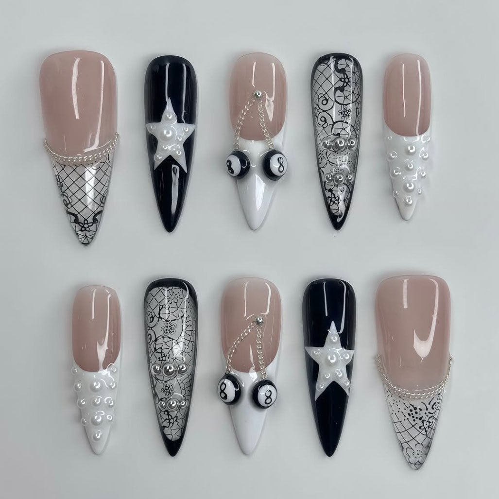 Black and White Star Billiard Press On Nails with Pearl and Chain Details