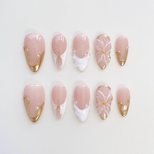 Bloom Flower White French Press On Nails – 3D Floral & Gold Accent Design