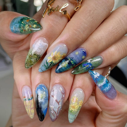 Blooming Garden Landscape Press On Nails With Floral Art