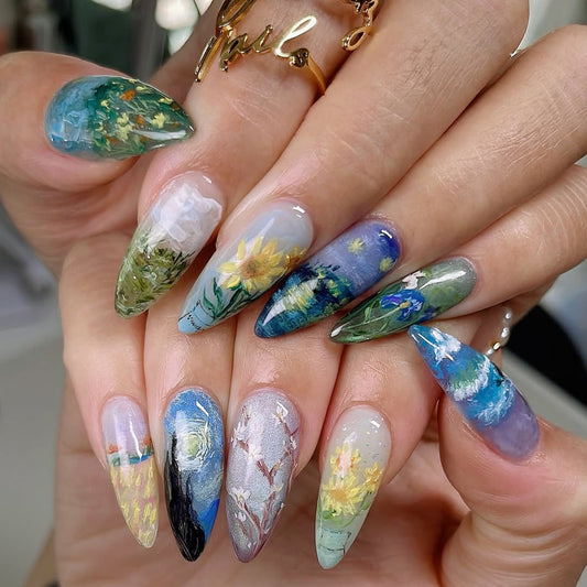 Blooming Garden Landscape Press On Nails With Floral Art