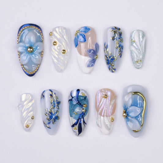 Blue Blossom 3D Floral Press On Nails