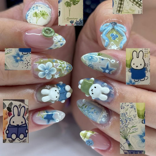 Blue Bunny Floral Press On Nails Pastel Cottagecore Set