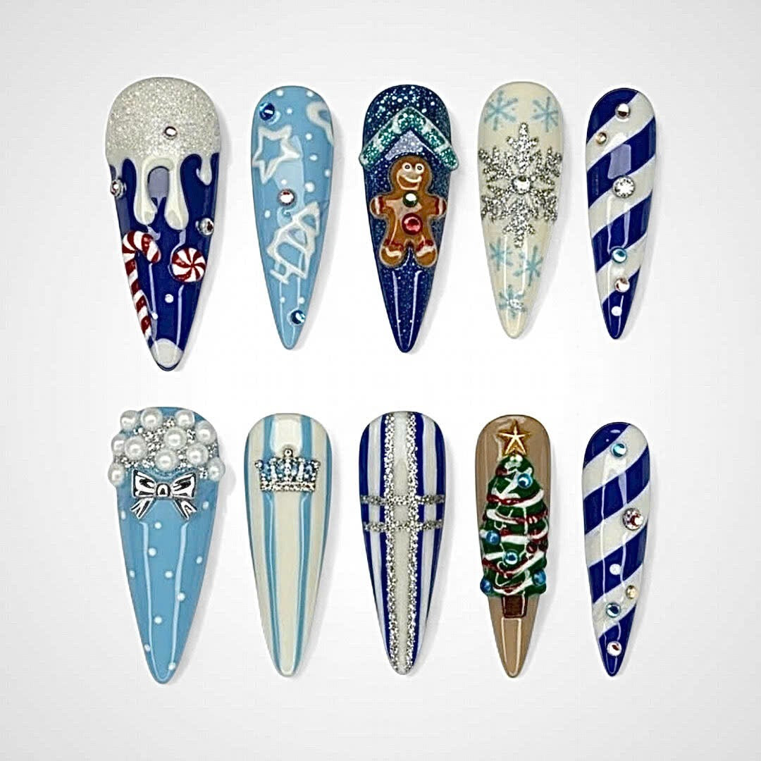Blue Christmas Press On Nails with Gingerbread and Snowflake Art