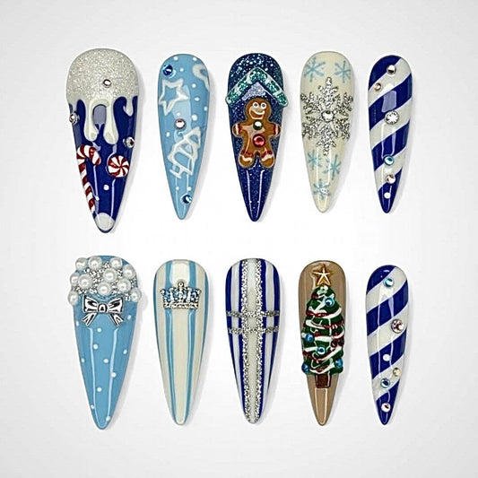 Blue Christmas Press On Nails with Gingerbread and Snowflake Art