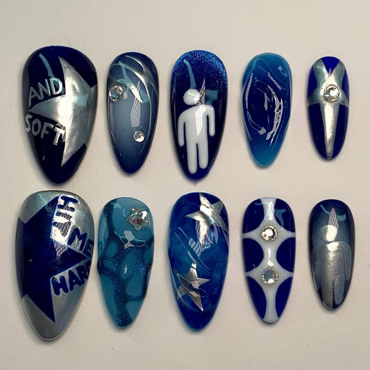 Blue Chrome Alien Press On Nails with Star Accents