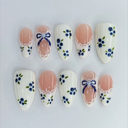 Blue Floral French Press On Nails with Pearl Bow Details