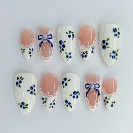 Blue Floral French Press On Nails with Pearl Bow Details
