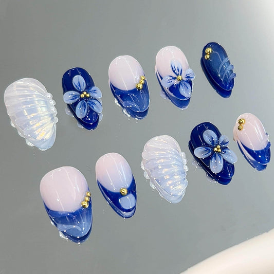 Blue Floral Press-On Nails with 3D Shell Design