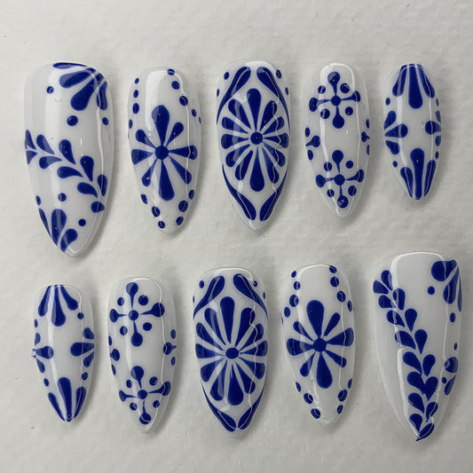Blue Floral Press On Nails Handpainted Art Set