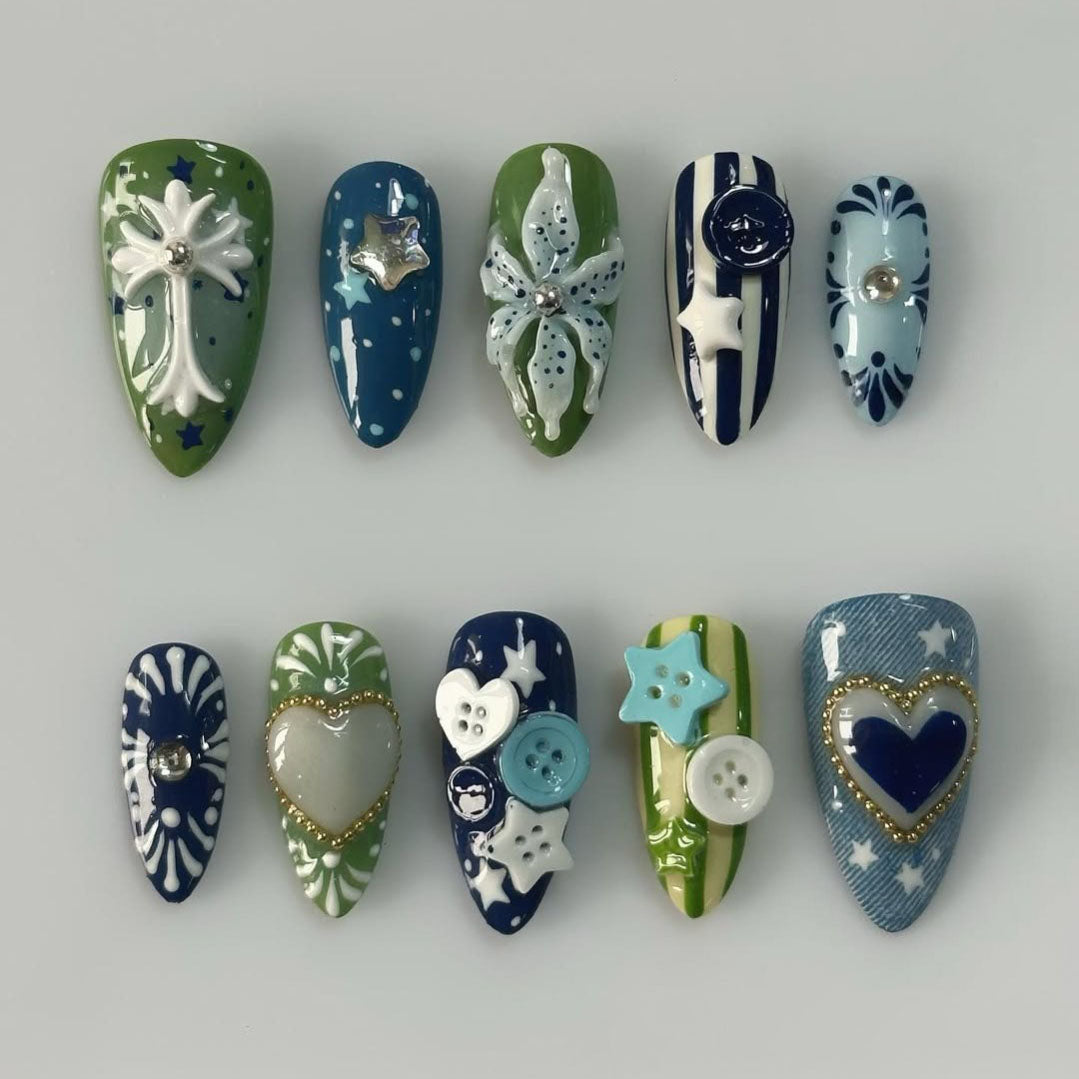 Blue Green Eclectic Mix Cross Hearts Stars Buttons Handmade Press On Nails